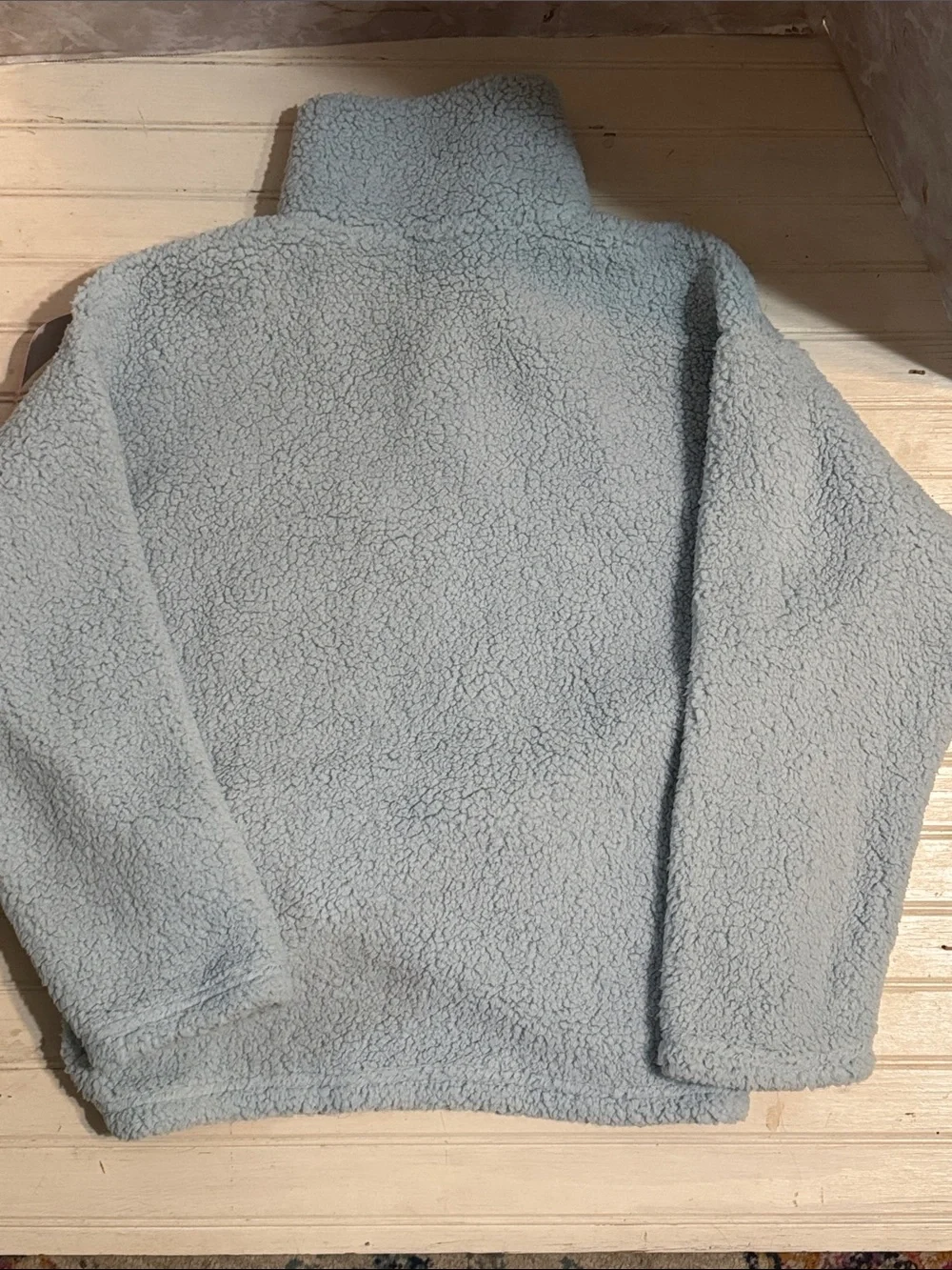 Peanuts Light Blue Sherpa Pullover with Navy Collar and Snoopy Ski Graphic